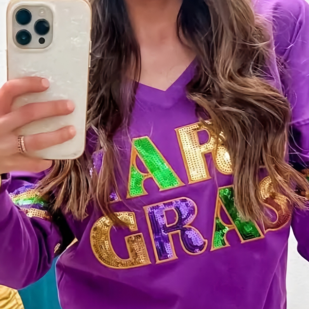 Yolo size long sleeve Mardi Gras Sequin shirt